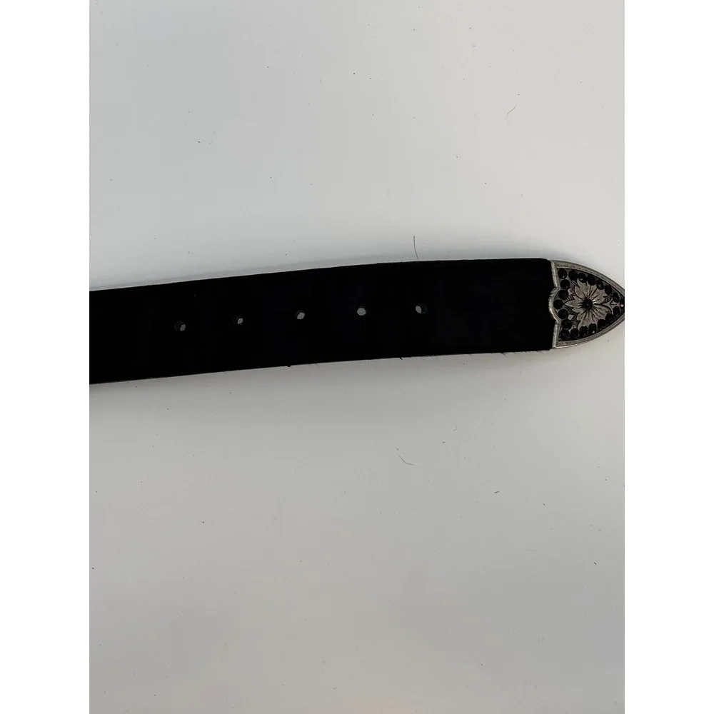 Western Leather Belt Womens S/M Black Hair on hide Rhinestone Studded Bling New